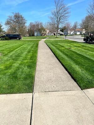 Striped mowing lanes along a sidewalk